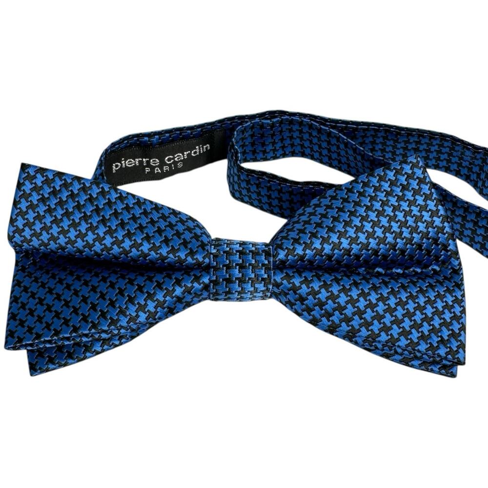 Pierre Cardin Paris Bow Tie Adjustable Blue Black Houndsthooth Preppy
